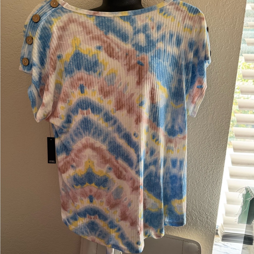 CURVE Tie-Dye Short Sleeve Top - Blue, Pink, Yellow - Picture 2 of 6
